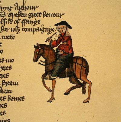 The Wife of Bath (detail) from The Canterbury Tales by Geoffrey Chaucer, Ellesmere Manuscript, facsimile edition, 1911 by English School